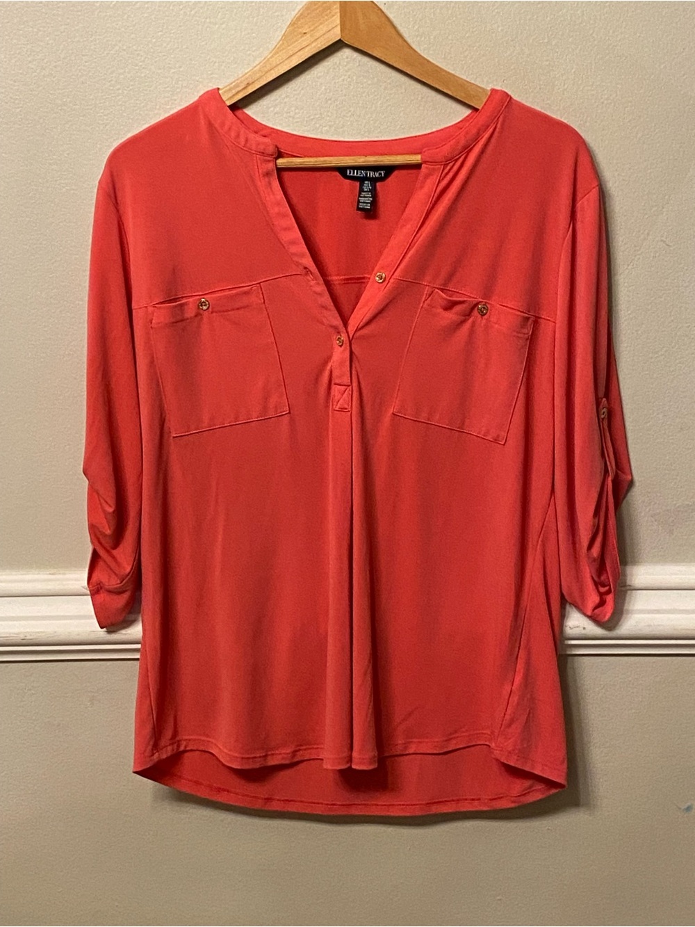 Ellen Tracy Coral Split V-Neck Roll-Tab Pocket Blouse